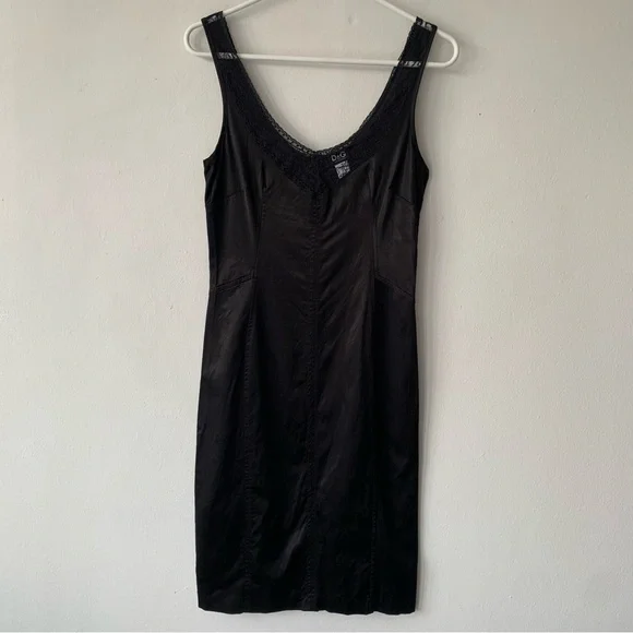 Vintage Dolce & Gabbana Lace Silky Trim Sleeveless Dress Black 90s Y2K - Picture 3 of 11